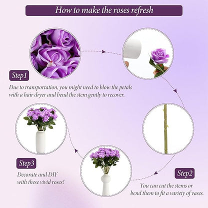 Hotop 20 Pcs Artificial Rose Flowers with Long Stem,Real Touch Silk Realistic Plastic Bouquet Roses Bulk for Home Decor Bridal Wedding Party Table Centerpieces Decorations(Purple)