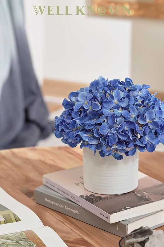 Blue Hydrangea Fake Flowers in Vase, Artificial Flowers with Ceramic Vase, Small Faux Potted Floral Arrangements for Home Bathroom Kitchen Office Coffee Table Wedding Party Centerpiece Decor & Gift