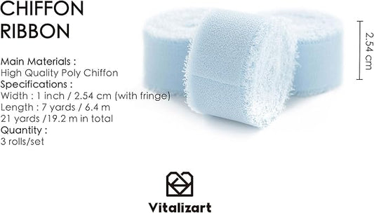 Vitalizart Baby Blue Chiffon Silk Ribbon 1" x 21 Yd Fringe Fabric Package (3 Rolls * 7 Yd) for Wedding Invitations Bridal Bouquets Decorations Gifts Wrapping & Bow Making