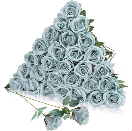 30pcs Fake Roses Artificial Silk Flowers Long Stems Bouquet for Wedding Bridal Shower Party Home Decoration (Dusty Blue)
