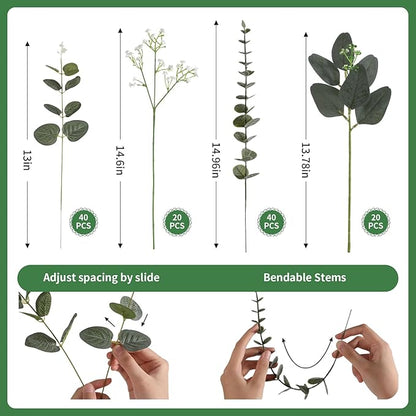 120 Pcs Mixed Artificial Eucalyptus Leaves Stems Bulk,Baby Breath Artificial Flowers Bulk with Eucalyptus Leaves Greenery Stems for DIY Bouquets Wedding Floral Home Decor (Green-120pcs)