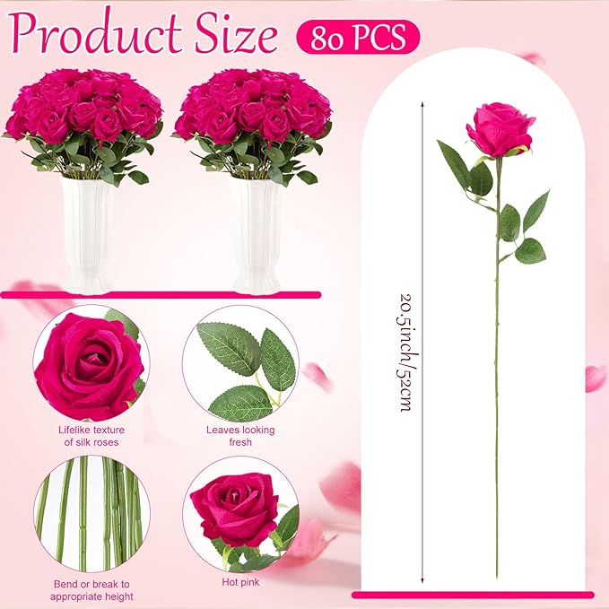 80 Pcs Roses Artificial Flowers, Silk Hot Pink Artificial Flowers Petals Long Stem Roses for Wedding Bouquet Home Party Decor