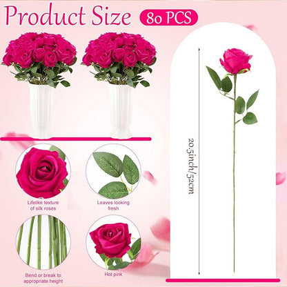 80 Pcs Roses Artificial Flowers, Silk Hot Pink Artificial Flowers Petals Long Stem Roses for Wedding Bouquet Home Party Decor