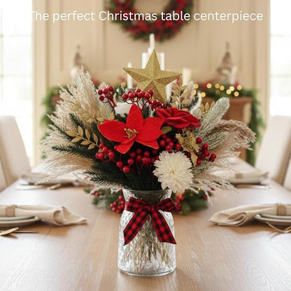 RyddeligHome Christmas Centerpieces for Tables, Holiday Table Decor, 100pcs Christmas Floral Arrangements in Vase, Pottery Xmas Decorations, Artificial Poinsettia Red Berry Pine Branches