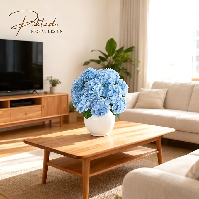 A Bunch 21in， Real Touch Hydrangea Artificial Flowers， with 10pcs Flower Head 20pcs Leaves， Faux Hydrangea Flowers for Home Office Decor Wedding Party Arrangements (2, Blue)