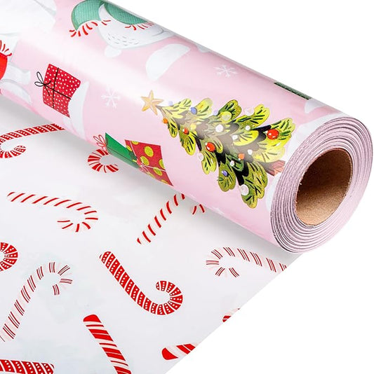 MAYPLUSS Christmas Wrapping Paper Roll - 17IN X 33FT - Pink Gift Wrap Paper Featuring Christmas Tree Polar Bear Scarf Hat Reversible Candy Cane for Kids, Holiday, New Year