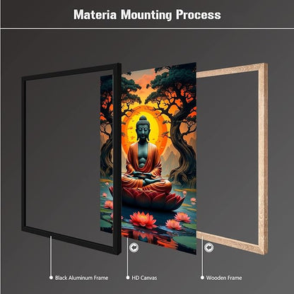 Canvas wall art Golden Buddha on lotus at sunset Ancient trees with reflections on water Serene meditation scene Uplifting wall art for mindfulness and tranquil home decor 8x12in Metal blackFramed