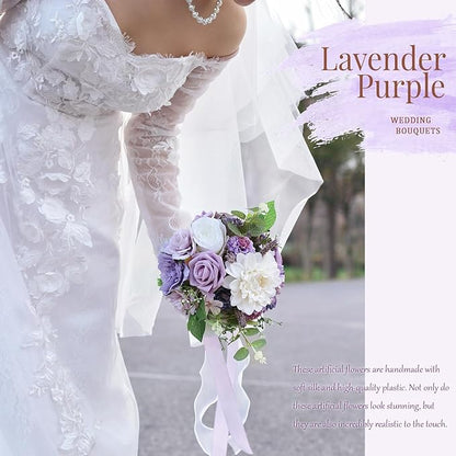 Lavender Purple Wedding Bouquets for Bride Bridesmaid,Lilac Bridal Bouquet Artificial Fake Silk Roses Flowers for Wedding Boho French Vintage Rustic Church Decoration Toss Bouquet (8.6in(M))