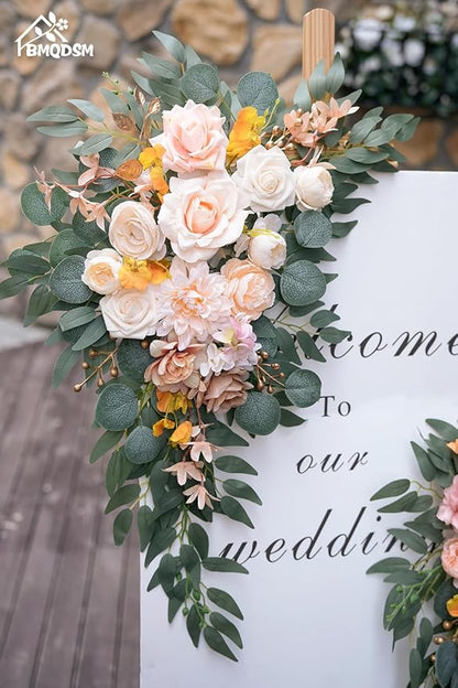 Wedding Welcome Signs Floral(Pack of 2)，Wedding Arch Flowers for Wedding Decorations and Reception Backdrop Decoration (New Champagne)