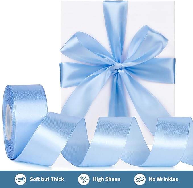1-1/2 Inch Wide Sky Blue Satin Ribbon, 50 Yards Solid Polyester Fabric Ribbon for Roses Making, Gift Wrapping, Christmas, Wedding Decorations, Crafts, Bows
