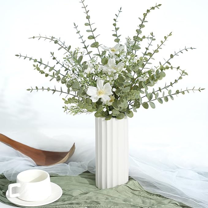 18Pcs Faux Eucalyptus Stems, 15" Artificial Eucalyptus Plants with White Frosted Coating, Fake Eucalyptus Decor Plastic Greenery Leaves for Wedding Bouquets Home Decor DIY Floral Arrangements