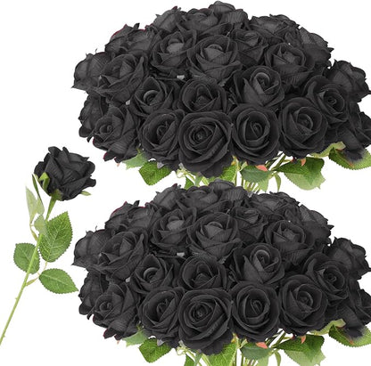 52 PCS Black Roses Artificial Flowers, Fake Roses Bouquet, Artificial Black Rose with Stems for Wedding Flowers Decoration, Valentines Day Mothers Day, Bridal Bouquet Rose