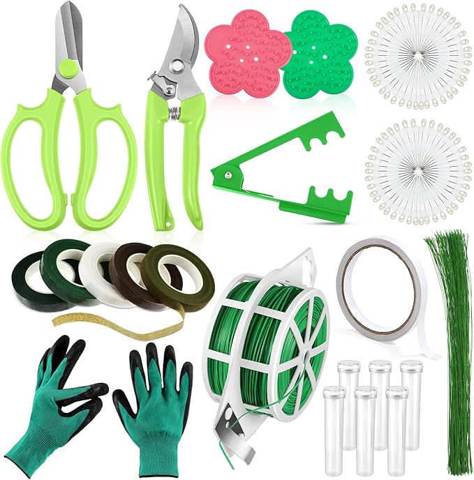 WILLBOND 121 Pcs Floral Arrangement Tool Kit Rose Thorn Remover Pruner Trimmer Gloves 22/26 Gauge Paddle Tie Stem Pearl Corsage Pin Pruning Shears, Florist Garden Tool Gift Kit for Women(Green)