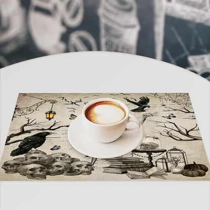 Halloween Skeleton Placemats Vintage Country Gothic Dark Raven Misty Spiderweb Placemats Table Kitchen Dining Party 12x18 Inch Set of 6
