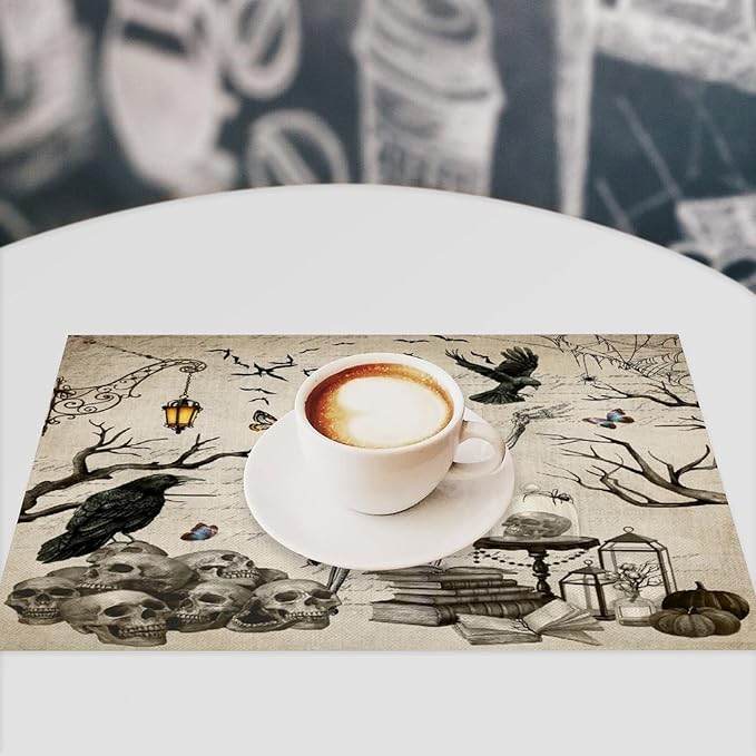 Halloween Skeleton Placemats Vintage Country Gothic Dark Raven Misty Spiderweb Placemats Table Kitchen Dining Party 12x18 Inch Set of 4