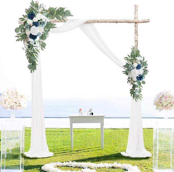 PONATIA Wedding Arch Flowers Kit (Pack of 3) with 26Ft White Arch Draping Fabric, Dusty Blue Flowers for Ceremony and Reception Wedding Decoration