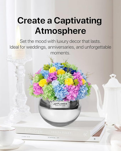 JoyFlower Preserved Flowers Vase Glass Decor, Eternal Flower Vases for Centerpiece, Forever Flower Decorations for Home Wedding Party Table Living Room Bedroom, Preserved Roses in Glass Vase(Colorful)