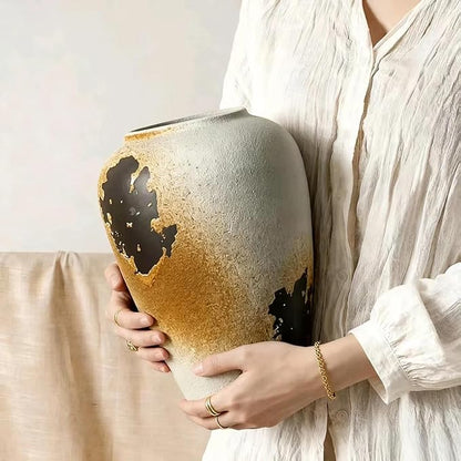 11" Large Handcrafted Ceramic Vase - Vintage Rustic Iron Glaze Pattern Farmhouse Flower Vase for Home Decor, Decorative Vase for Living Room Dining Table Fireplace Bookshelf Office