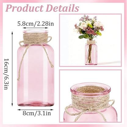 Vintage Glass Flower Vase，3 Pack Farmhouse Pink Glass Centerpiece Vases Mason Jars for Weddings, Parties & Home Decor Bulk (3, Pink)