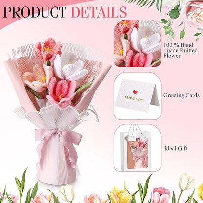 Juinte Crochet Flowers Bouquet Gift Christmas Crochet Flower Tulips Completed Handmade Knitted Bouquet with Card for Women Girlfriend Lover Appreciation Gift Birthday Wedding Teacher Decor(Pink)