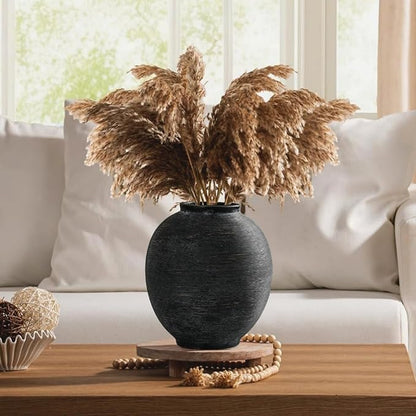 Black Round Ceramic Vase, 9.8 inch Large Textured Flower Vase,Minimalist Rustic Farmhouse Decor for Home, Living Room, Shelf, Table, Bathroom & Entryway Decoration (Black Bronze)