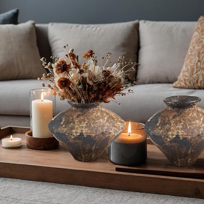 Wabi Sabi Style Ceramic Vase Brown Ceramic Rustic Vase for Wabi Sabi Style Decor Table Centerpiece, Home and Living Room Decoration, Shelf Decor, Mantel, Dinner Table Office Decorations