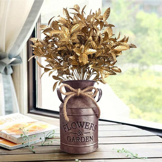 CATTREE Christmas Artificial Plants, Plastic Leaves Fake Grass Faux Shrubs Bushes for Home Indoor Outdoor Garden Leaf Wedding Festival Decoration Hall Table Golden Planter Filler - Gold 3 Pack