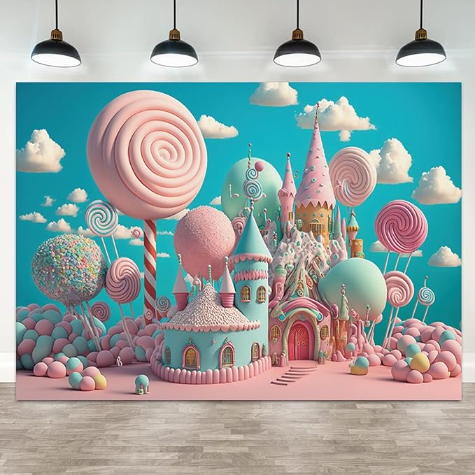 12x10ft Candyland Backdrop Sweet Candy Castle Photography Background Fantasy Lollipop Blue Sky White Cloud Cartoon Kids Birthday Banner Decorations Baby Shower Portrait Photo Booth Prop