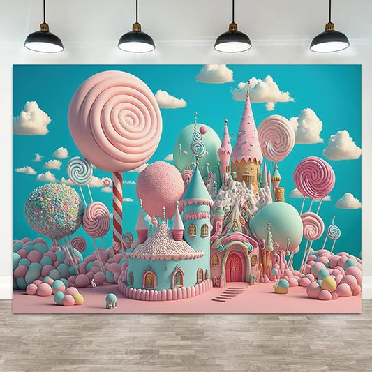 15x10ft Candyland Backdrop Sweet Candy Castle Photography Background Fantasy Lollipop Blue Sky White Cloud Cartoon Kids Birthday Banner Decorations Baby Shower Portrait Photo Booth Prop