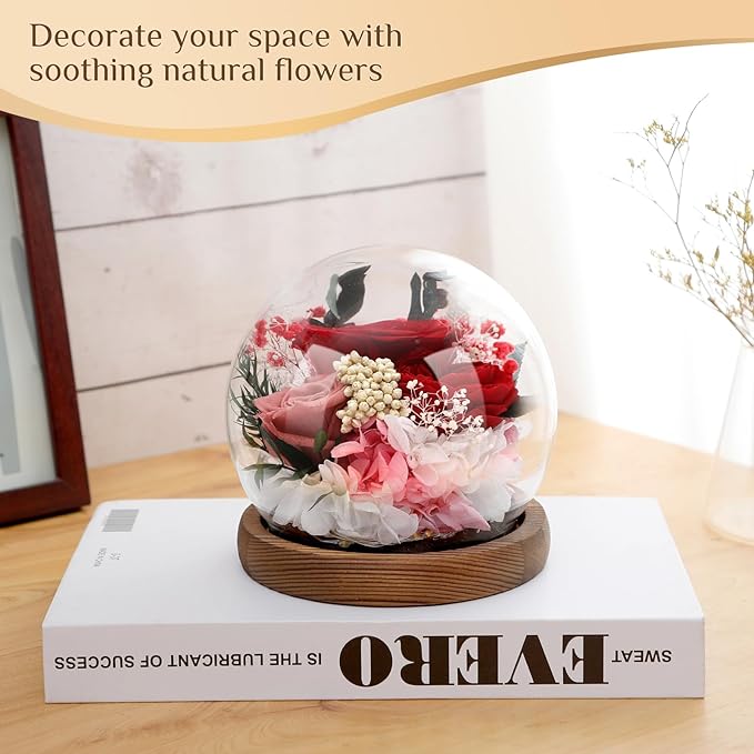 Preserved Flowers,Rose in Glass Dome with LED Light, Gifts for Her, Women, Mom,Grandma,Girlfriend, Wife- Style1