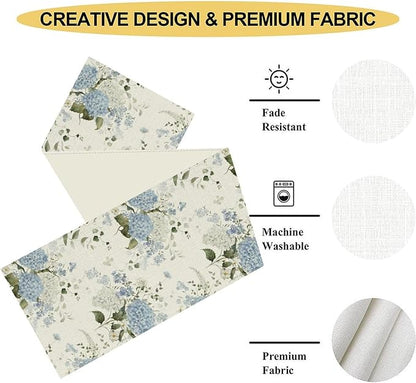 Blue Floral Table Runner, Spring Summer Watercolor Hydrangea Flower Butterfly Country Farmhouse Coffee Table Center Decor for Home Kitchen Dining Patio Holiday Party Table Decorations 13x72 inches