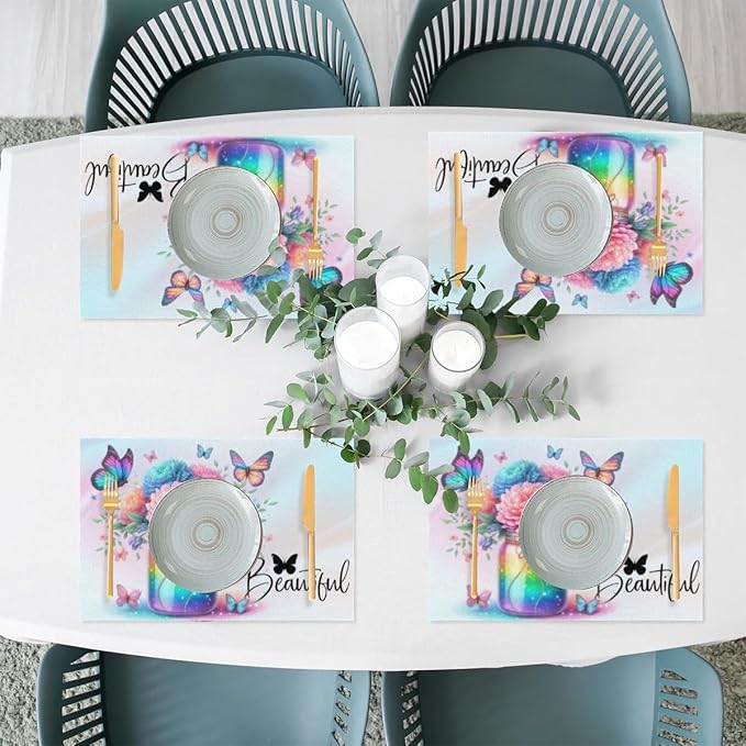 PVC Placemats Set of 4 Rainbow Flower Butterfly Wipeable Table Mats Washable Heat Resistant Non Slip Vinyl Dining Table Mat for Kithen Indoor Outdoor Patio Farmhouse Place Mats Decorative