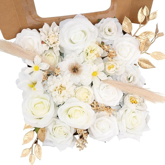 SwanMoon Artificial Flowers Combo Box Set, 33pcs Silk Roses & White Peony with Stems for DIY Wedding Bouquets, Baby Shower, Party Centerpieces & Home Decor