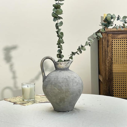 Ceramic Rustic Farmhouse Vase with Handle, 8.7 Inch White Gray Vintage Vase, Rustic Ceramic Pottery for Home Decor, Farmhouse Decor Centerpiece for Kitchen, Living Room, Entryway