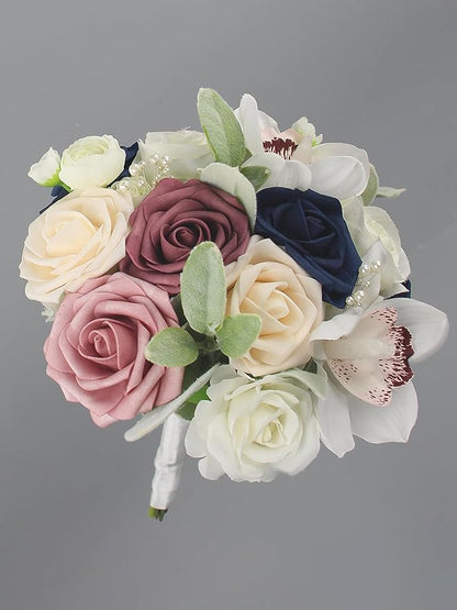 Rinlong Bridesmaids Bouquet Dusty Pink Navy Blue Artificial Wedding Bouquets for Bride Bridesmaid Silk Bouquet for Homecoming Prom