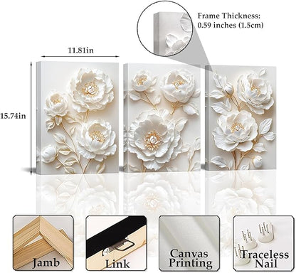 Sepwrol White Flower Canvas Wall Art Modern Abstract Rose Blooming Floral Textured Printing Artwork for Home Bedroom Living Room Wall Decor, 12"x16" 3 Panel (White-3)