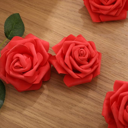 Artificial Rose Flowers 50pcs Red Fake Roses Artificial Foam Roses Real Looking w/Stem for DIY Wedding Bouquets Centerpieces Bridal Shower Party Home Cake Flower Decoration (Classic Red, 50 pcs)