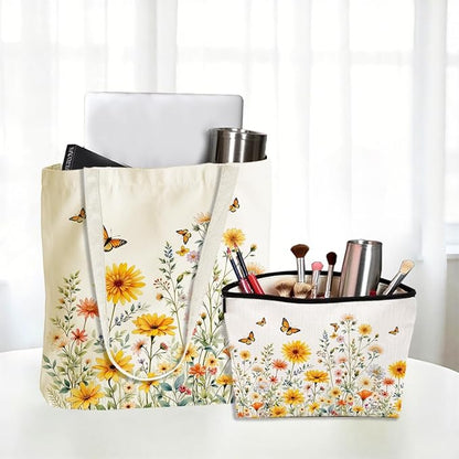 Flower Plant Lover Gifts for Women Canvas Tote Bag with Makeup Bag Cosmetic Bags Grocery Bags for Shopping Christmas