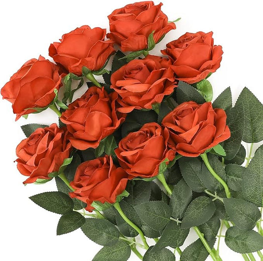 Veryhome 10pcs Artificial Rose Flower Bouquet Faux Rose with Stems for Wedding Arrangement, Bridal Bouquet, Centerpiece, Fake Faux Silk Flowers (Burnt Orange)