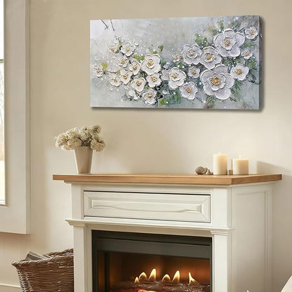 Brushart White Flower Wall Art Textured Floral Canvas Art Wall Decor Living Room Large Picture Wall Art Paintings Artwork for Walls Bedroom Home Office, 58"x29"