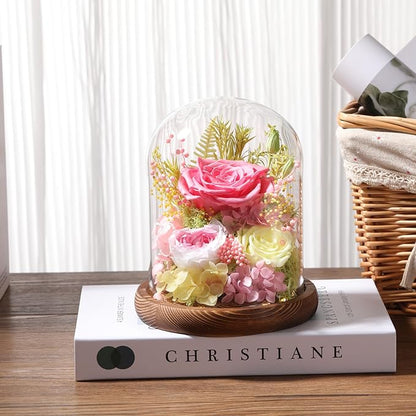 Flowers for Delivery Prime Preserved Flowers Pink Roses with LED Light in a Glass Dome,Long Lasting Real Roses Birthday Gifts for Women Daughter Mom Wife Friend（Pink Rose）