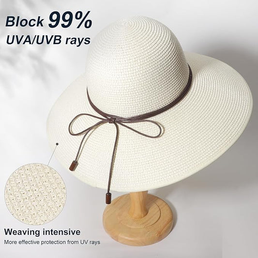 DRESHOW Beach Hats for Women Big Straw Wide Brim Summer Hat Floppy Foldable Roll up Cap Sun Hat UPF 50+
