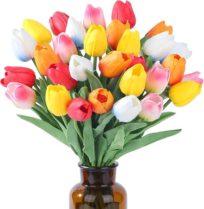 SITUMEIZI Fake Flowers Tulips Artificial Silk Flower 15pcs Real Touch 14" for Spring Easter Home Kitchen Wedding Bouquet Bulk Mother's Gift Day Decorations(Multicolor,5-4)