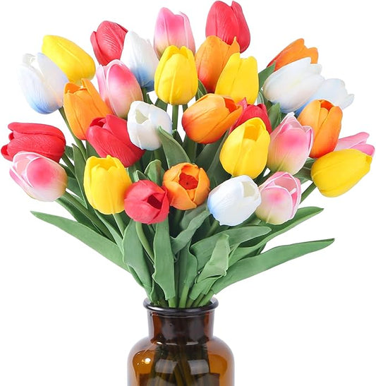 SITUMEIZI Fake Flowers Tulips Artificial Silk Flower 15pcs Real Touch 14" for Spring Easter Home Kitchen Wedding Bouquet Bulk Mother's Gift Day Decorations(Multicolor,5-4)