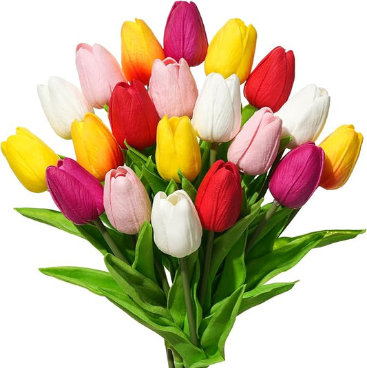 Real Touch Artificial Tulips, 20pcs Fake Tulip Flower Stem, PU Faux Tulip 13.5” for Mother's Day Easter Valentine's Gift, Home Decor, Wedding, Table Centerpiece, Floral Arrangement, Multicolor