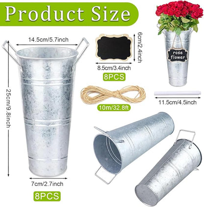 8 Set Galvanized Flower Buckets, 10 Inch Metal Vases for Flowers Rustic Flower Bucket Farmhouse Flower Bucket Vases with Small Chalkboard Label Flower Bar Supplies Rustic Vases for Home Garden Wedding
