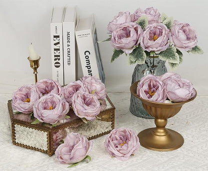 16pcs Peonies Artificial Flowers Head Light Purple Austin Roses Vintage Burnt Flowers Silk Rose Head with Stems for DIY Flower Wedding Bouquets Centerpieces Home Decoration (Light Purple)
