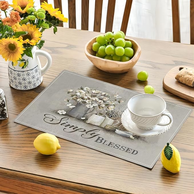 Simply Blessed Placemats Set of 4, Double-Sided Table Mats for Dining Room Home Party Indoor Decor 4 PCS 12x18 Inch