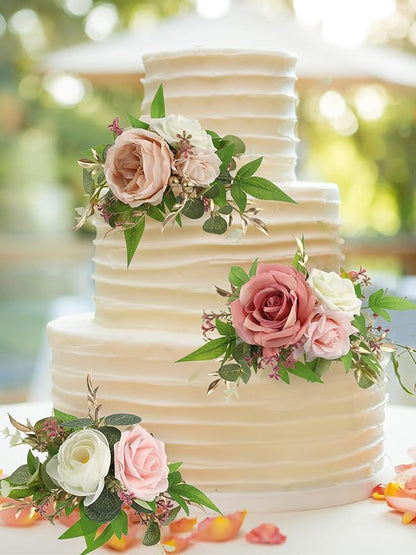 Rinlong 3Pcs Pre-made Pink Cake Topper Flowers Cake Decorations Wedding Cake Decorating Flowers Decor for Baptism Girl Baby Shower Birthday Party