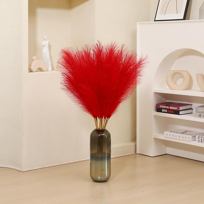 9 Stems Red Pampas Grass - 38 Inch Tall Fluffy Faux Pampas Grass Decor, Long Artificial Pompas Floral for Living Room, Wedding Centerpieces and Home Decor (Red)